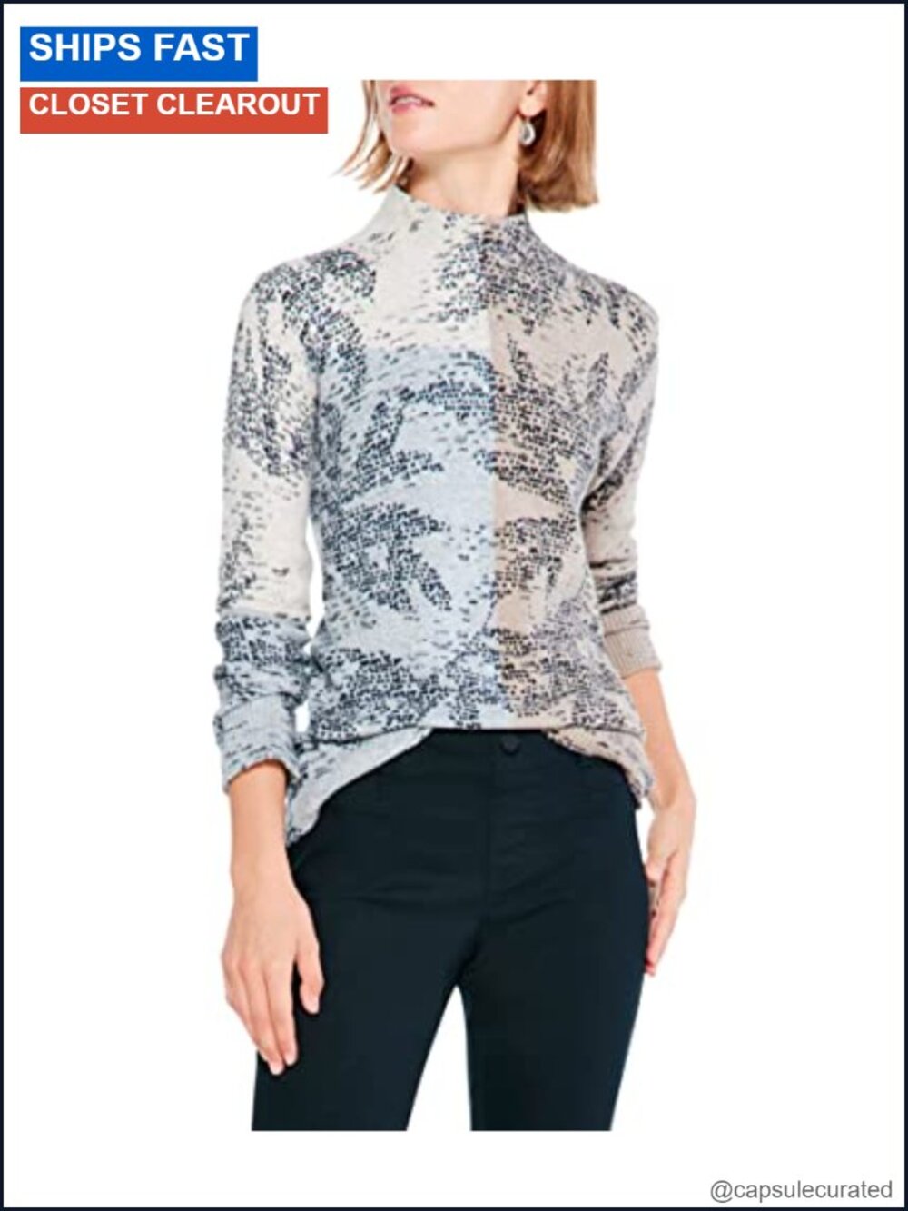 Midweight Intarsia Knit Turtleneck Pullover Sweater Long Sleeve Mock Neck